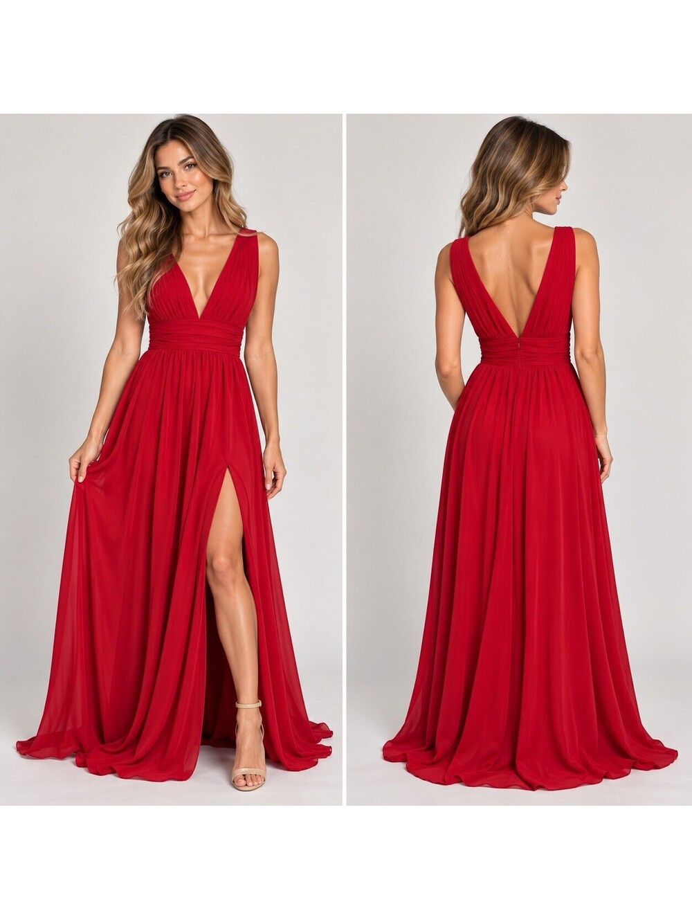 Lulus Red Plunging V Neck Maxi Dress S High Slit Formal Evening Gown Prom Hoco